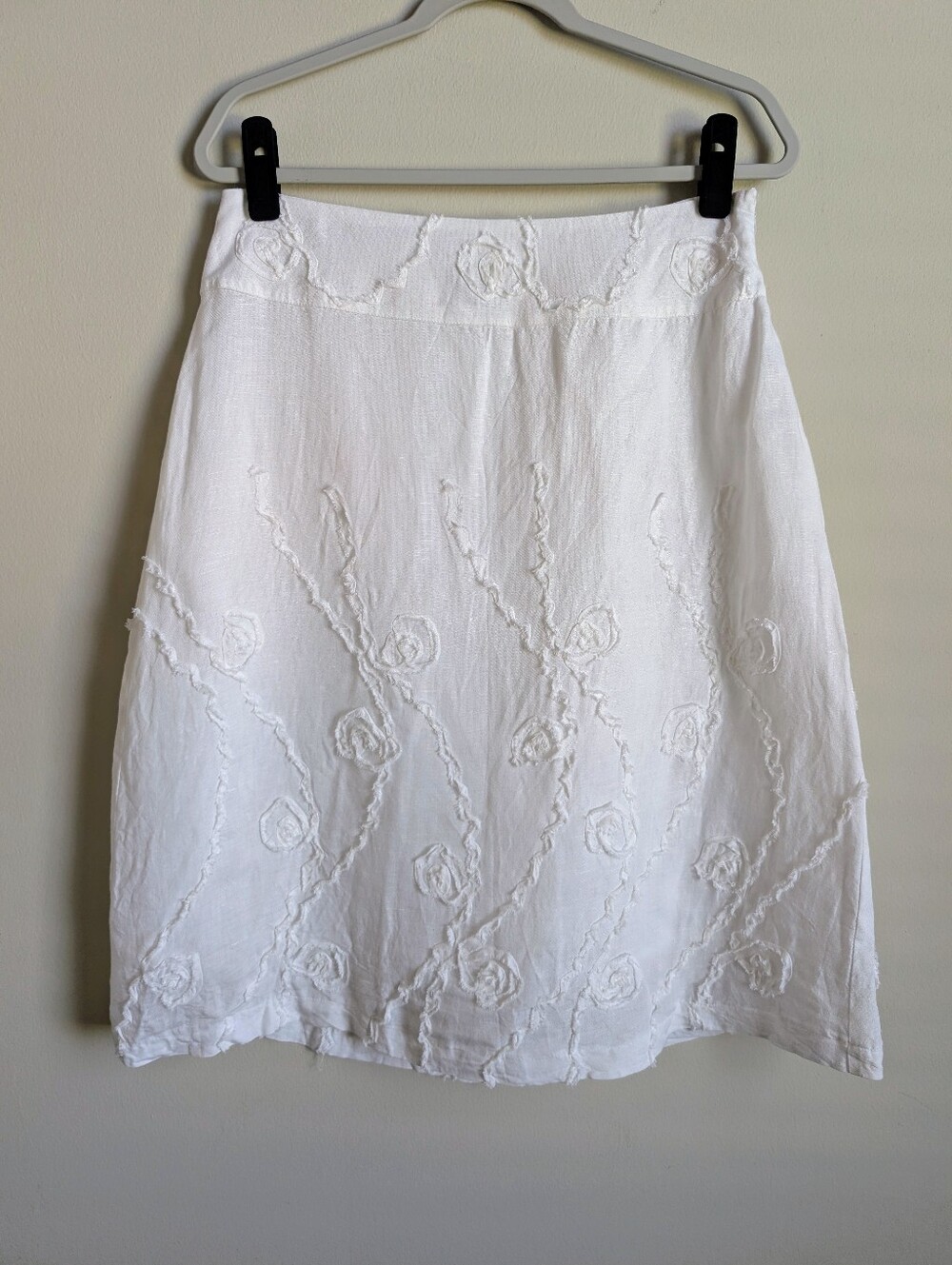 Rare Vintage Linen + Rayon White Floral Embroidered A-Line Summer Skirt Size 8